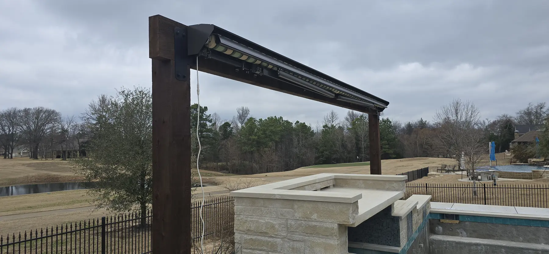 Water-feature shade structure during construction